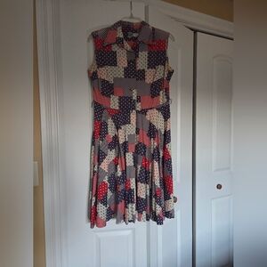Sleeveless Patchwork Print Fit-and-Flare Dress in Navy, Red & Cream